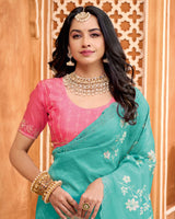 Light Sea Green Designer Crushed Tissue Saree With Zari-Embroidery-Diamond Work And Cut Work Border
