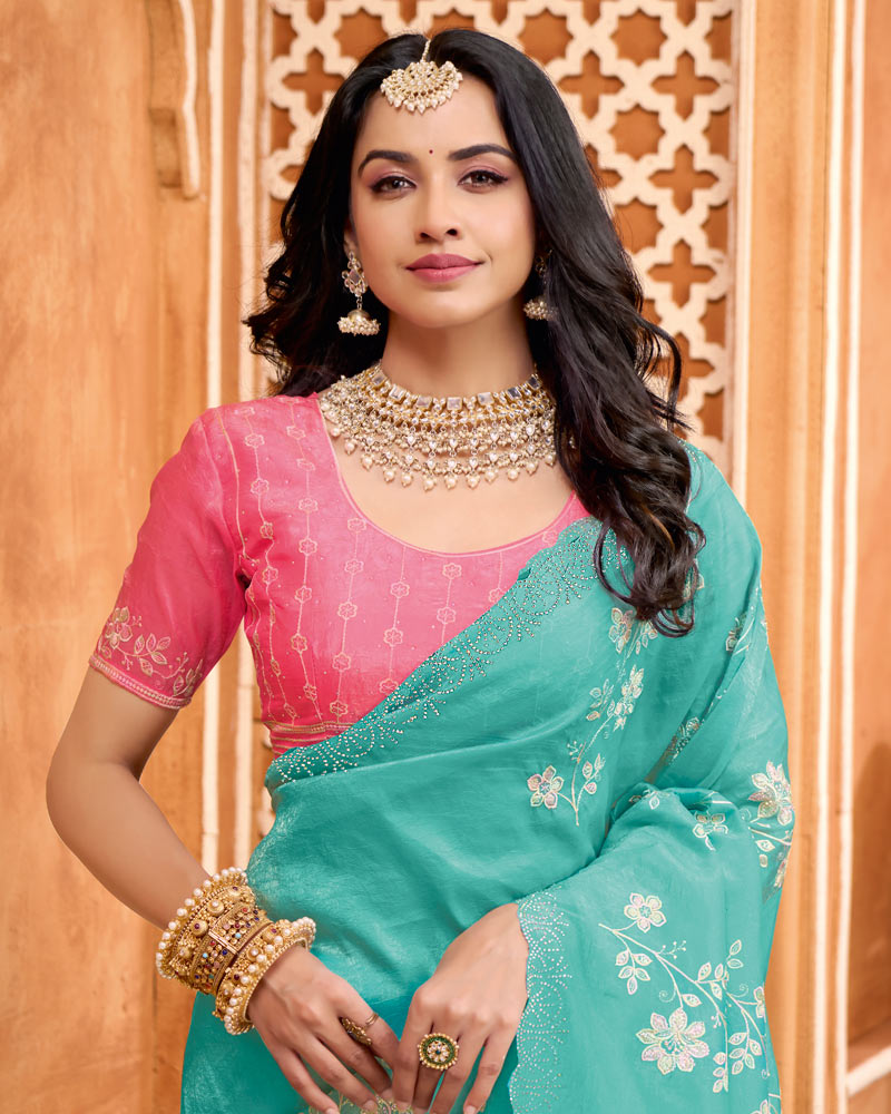Light Sea Green Designer Crushed Tissue Saree With Zari-Embroidery-Diamond Work And Cut Work Border