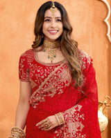 Lava Red Designer Fancy Satin Saree With Zari Embroidery-Diamond Work And Cut Work Border