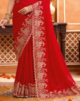 Lava Red Designer Fancy Satin Saree With Zari Embroidery-Diamond Work And Cut Work Border