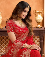 Lava Red Designer Fancy Satin Saree With Zari Embroidery-Diamond Work And Cut Work Border