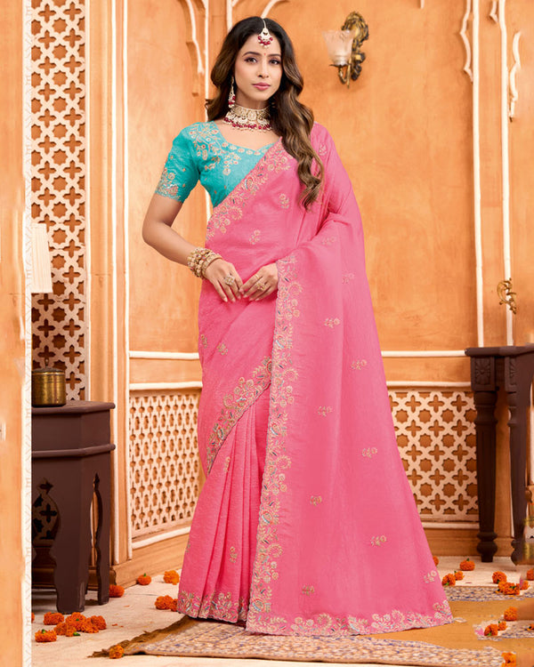Watermelon Pink Designer Crushed Tissue Saree With Zari-Embroidery-Diamond Work And Cut Work Border