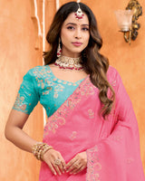 Watermelon Pink Designer Crushed Tissue Saree With Zari-Embroidery-Diamond Work And Cut Work Border