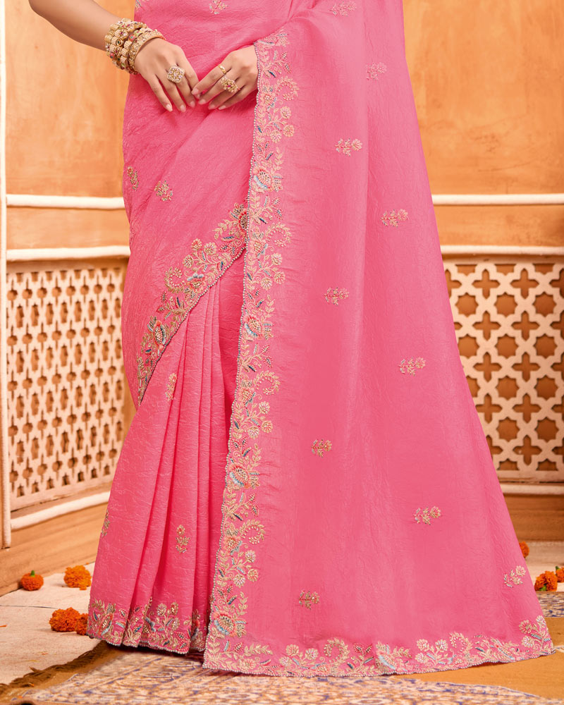 Watermelon Pink Designer Crushed Tissue Saree With Zari-Embroidery-Diamond Work And Cut Work Border