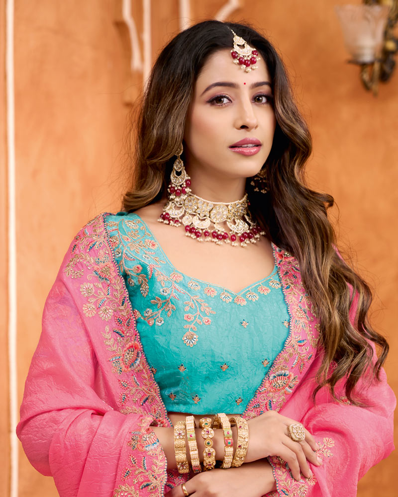 Watermelon Pink Designer Crushed Tissue Saree With Zari-Embroidery-Diamond Work And Cut Work Border