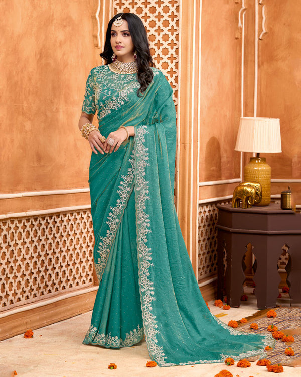 Faded Jade Green Designer Moss Chiffon Saree With Sequence-Embroidery-Diamond Work And Cut Work Border