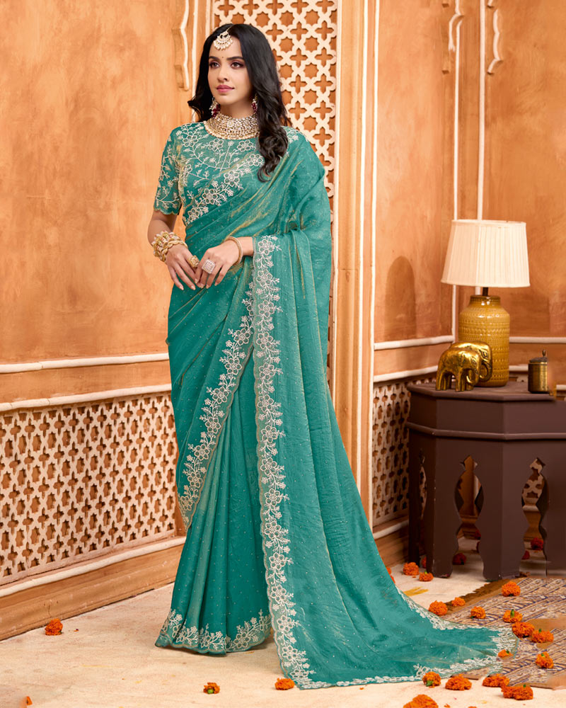 Faded Jade Green Designer Moss Chiffon Saree With Sequence-Embroidery-Diamond Work And Cut Work Border