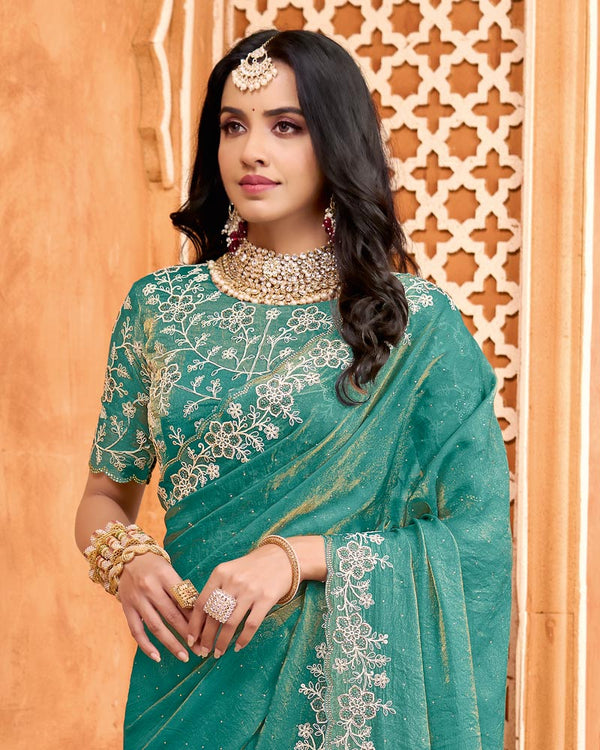Faded Jade Green Designer Moss Chiffon Saree With Sequence-Embroidery-Diamond Work And Cut Work Border