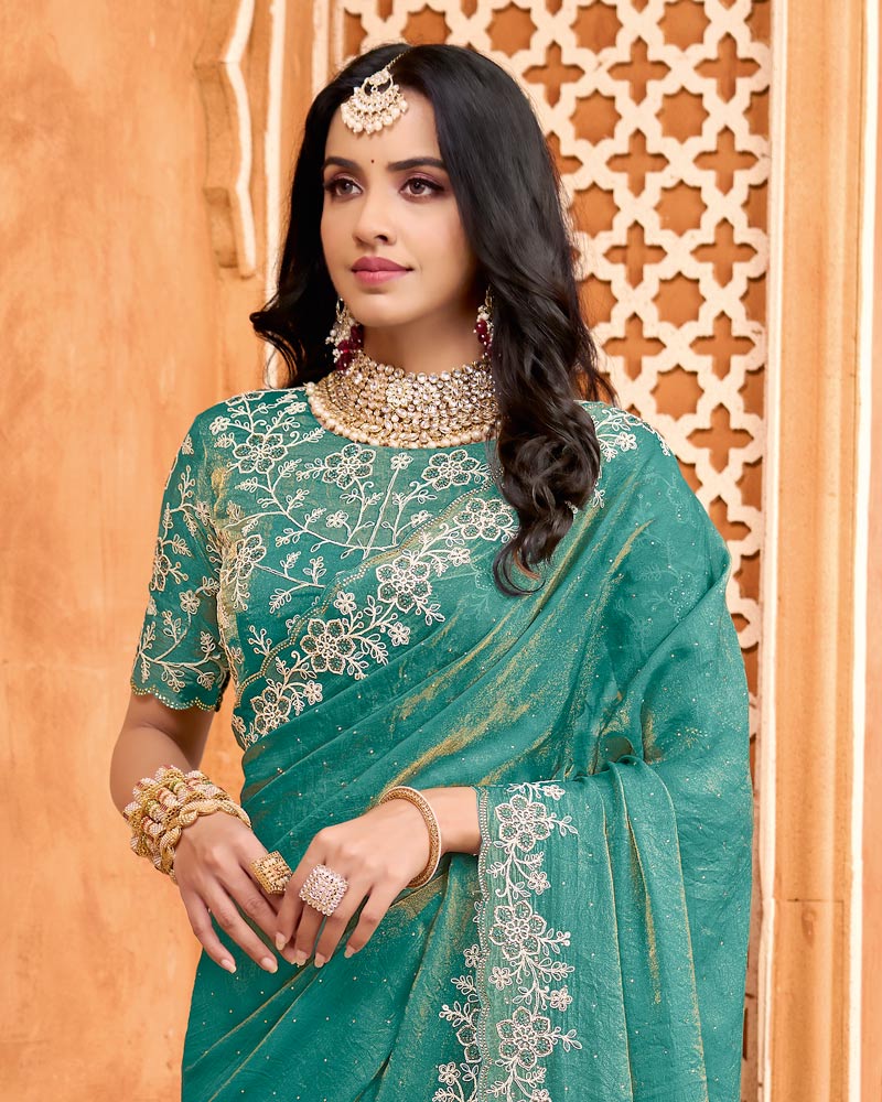Faded Jade Green Designer Moss Chiffon Saree With Sequence-Embroidery-Diamond Work And Cut Work Border