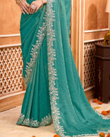 Faded Jade Green Designer Moss Chiffon Saree With Sequence-Embroidery-Diamond Work And Cut Work Border