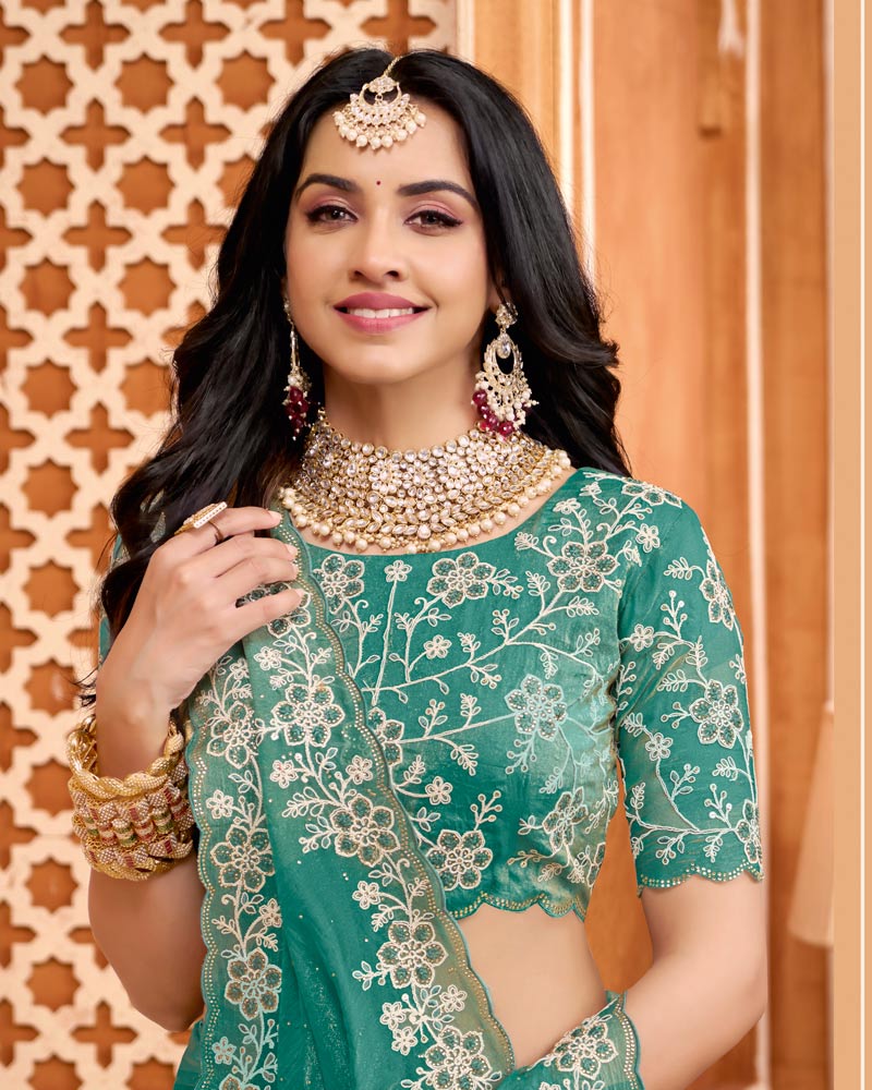 Faded Jade Green Designer Moss Chiffon Saree With Sequence-Embroidery-Diamond Work And Cut Work Border