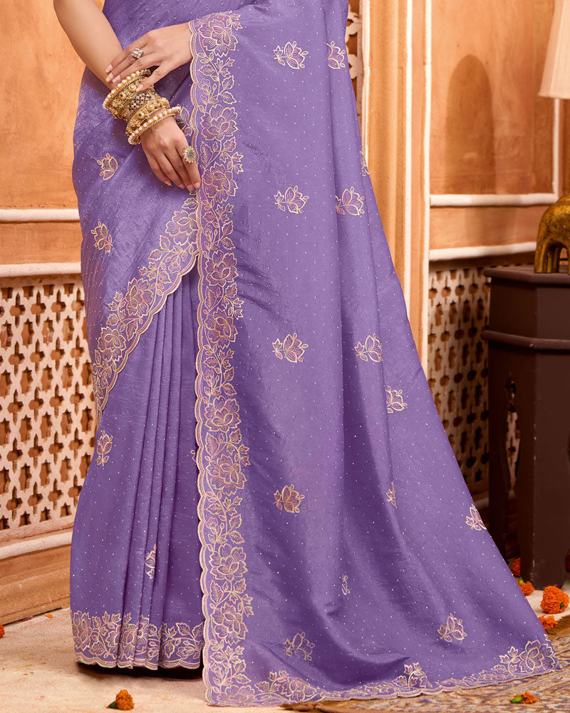 Lavender Purple Designer Gold Crush Saree With Embroidery-Diamond Work And Cut Work Border