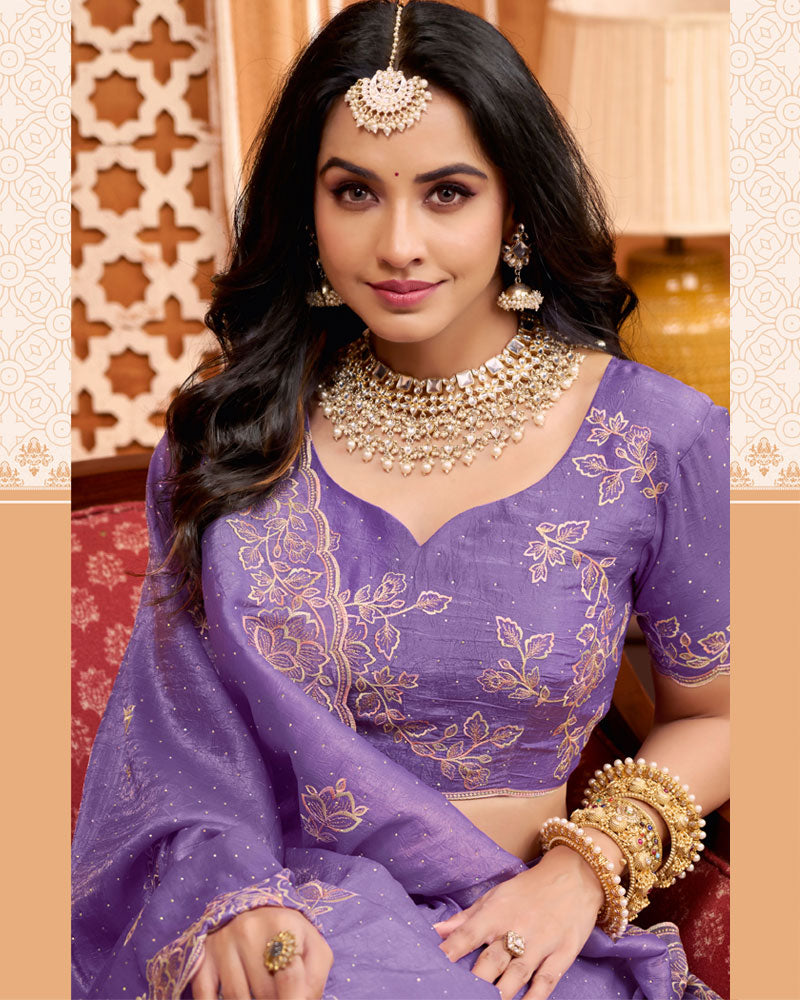 Lavender Purple Designer Gold Crush Saree With Embroidery-Diamond Work And Cut Work Border