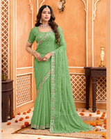 Olivine Green Designer Shimmer Chiffon Embroidery-Diamond-Moti Work Saree With Cut Work Border