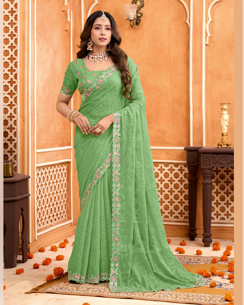Olivine Green Designer Shimmer Chiffon Embroidery-Diamond-Moti Work Saree With Cut Work Border