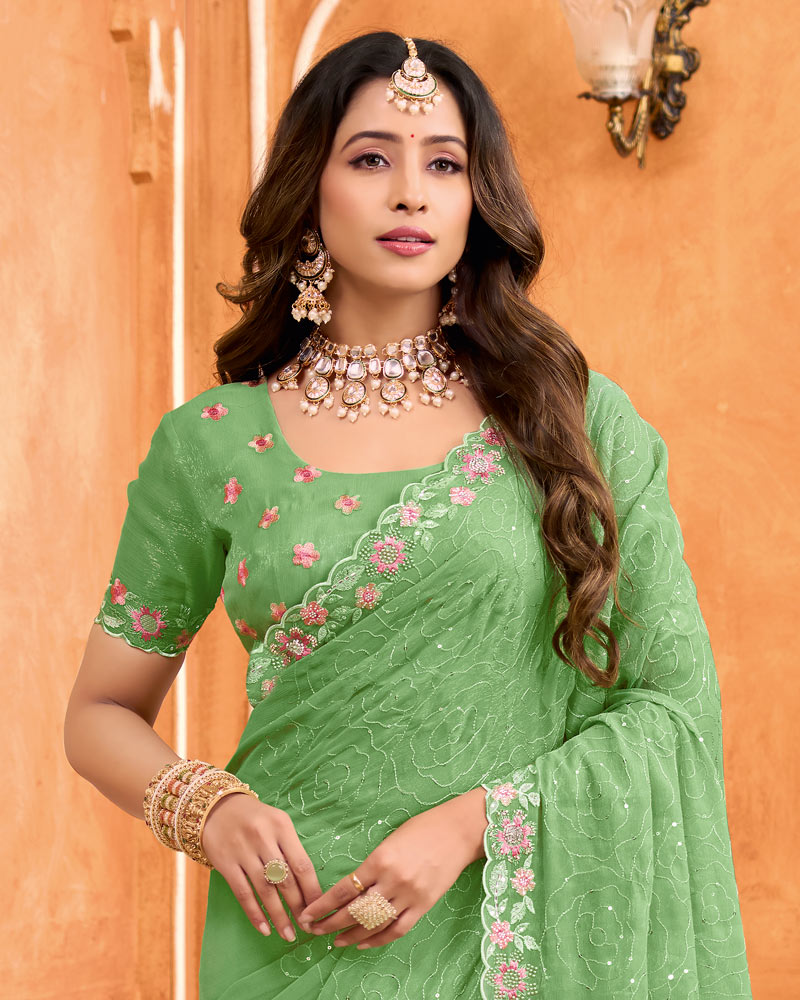 Olivine Green Designer Shimmer Chiffon Embroidery-Diamond-Moti Work Saree With Cut Work Border