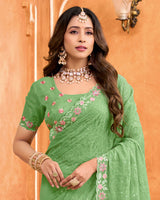 Olivine Green Designer Shimmer Chiffon Embroidery-Diamond-Moti Work Saree With Cut Work Border