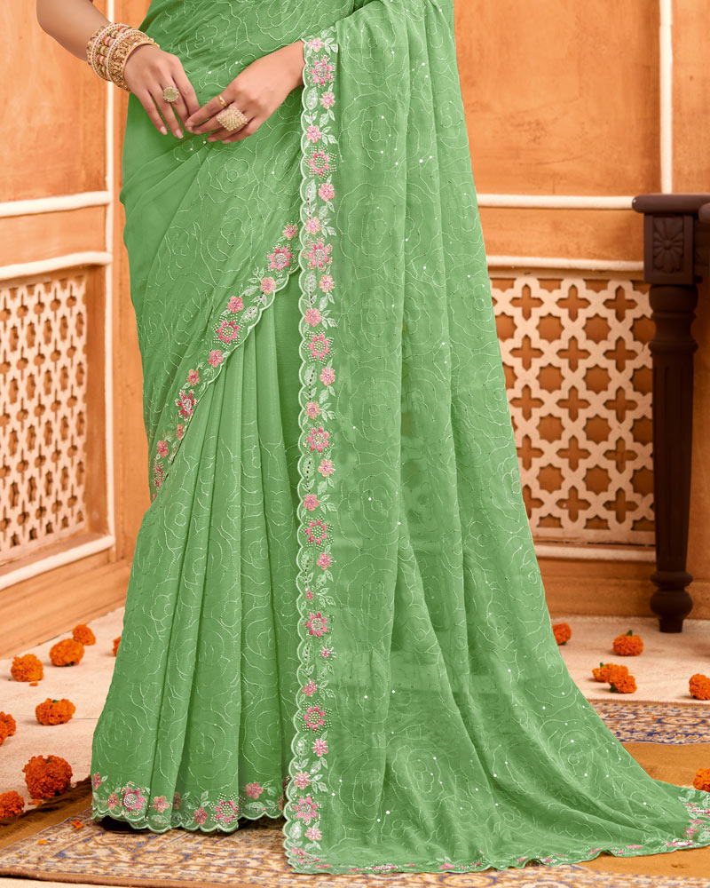 Olivine Green Designer Shimmer Chiffon Embroidery-Diamond-Moti Work Saree With Cut Work Border