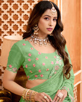 Olivine Green Designer Shimmer Chiffon Embroidery-Diamond-Moti Work Saree With Cut Work Border