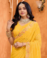 Tulip Yellow Designer Shimmer Chiffon Embroidery-Diamond-Moti Work Saree With Cut Work Border