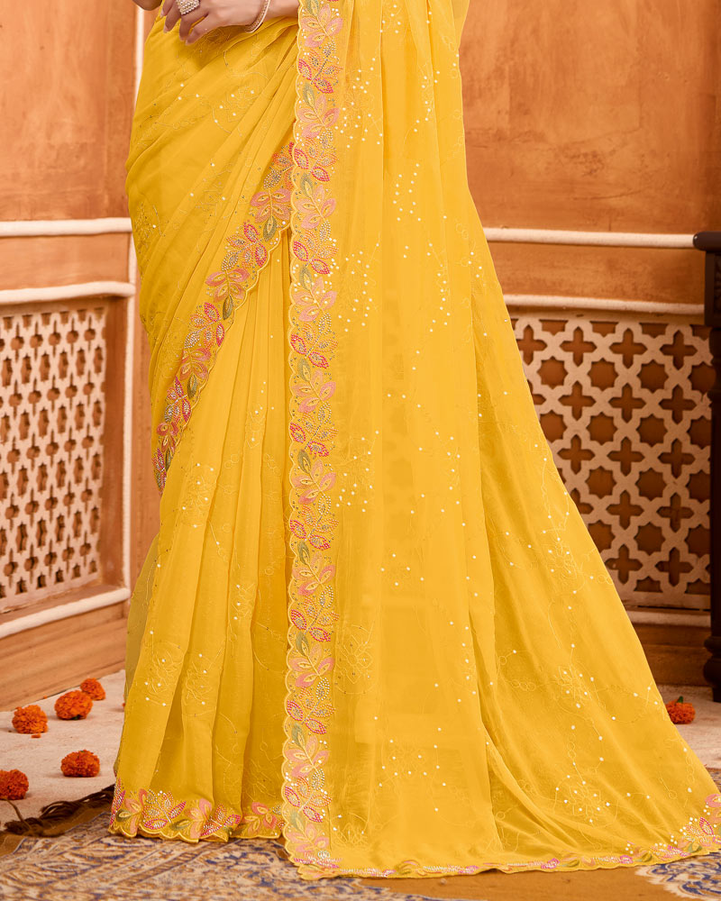 Tulip Yellow Designer Shimmer Chiffon Embroidery-Diamond-Moti Work Saree With Cut Work Border