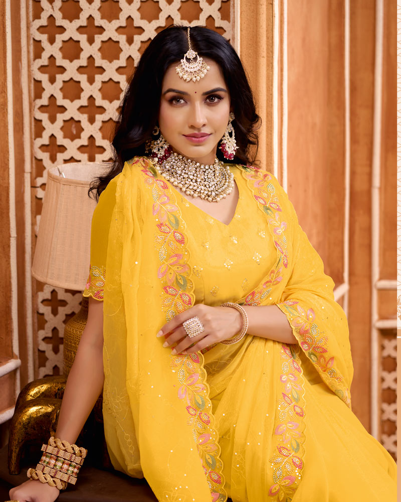 Tulip Yellow Designer Shimmer Chiffon Embroidery-Diamond-Moti Work Saree With Cut Work Border