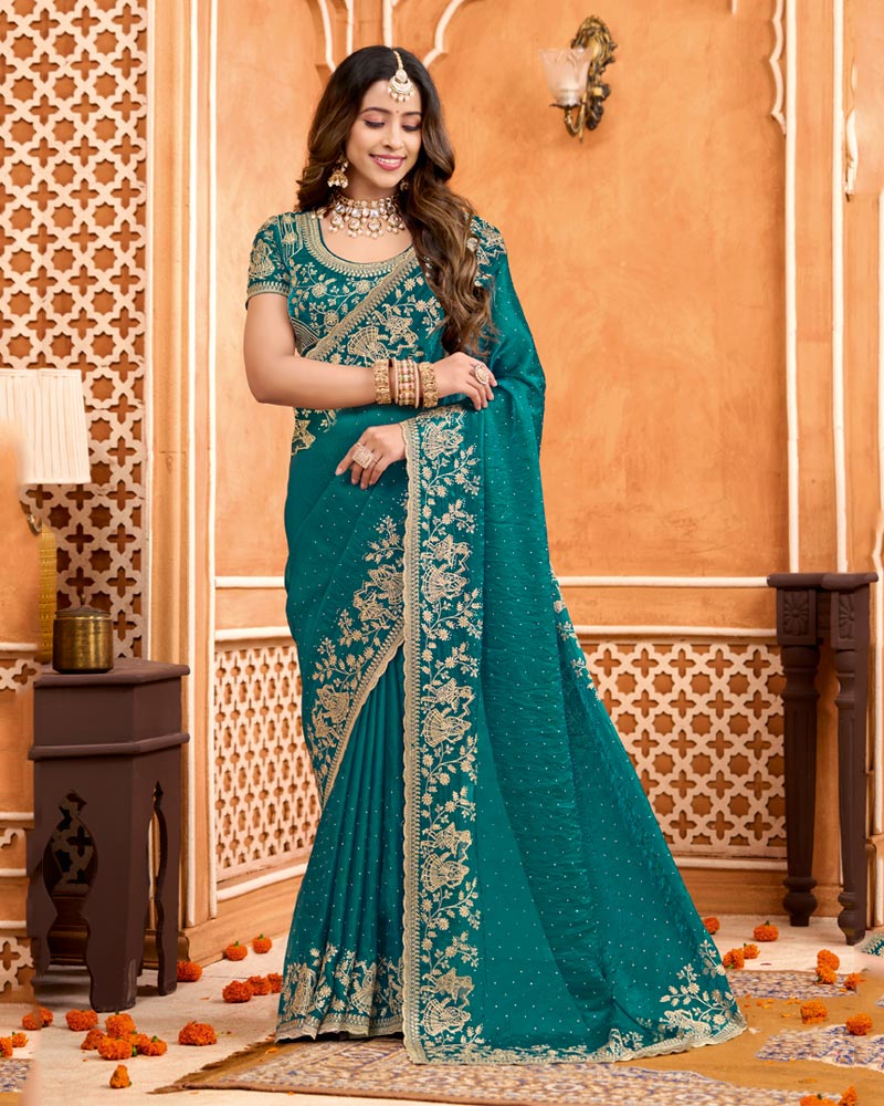 Peacock Green Designer Fancy Satin Saree With Embroidery-Diamond Work And Cut Work Border