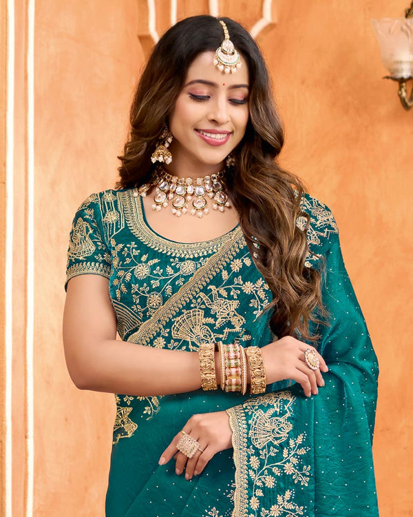 Peacock Green Designer Fancy Satin Saree With Embroidery-Diamond Work And Cut Work Border