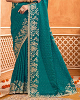 Peacock Green Designer Fancy Satin Saree With Embroidery-Diamond Work And Cut Work Border
