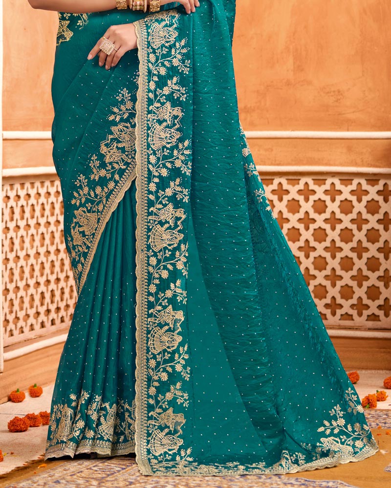 Peacock Green Designer Fancy Satin Saree With Embroidery-Diamond Work And Cut Work Border