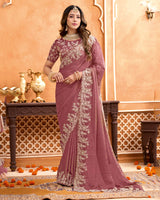 Rose Taupe Designer Moss Chiffon Saree With Sequence-Embroidery-Diamond Work And Cut Work Border