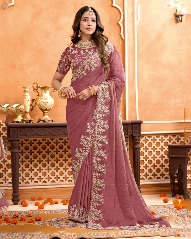 Rose Taupe Designer Moss Chiffon Saree With Sequence-Embroidery-Diamond Work And Cut Work Border