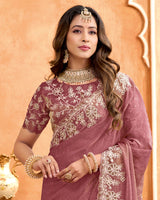 Rose Taupe Designer Moss Chiffon Saree With Sequence-Embroidery-Diamond Work And Cut Work Border