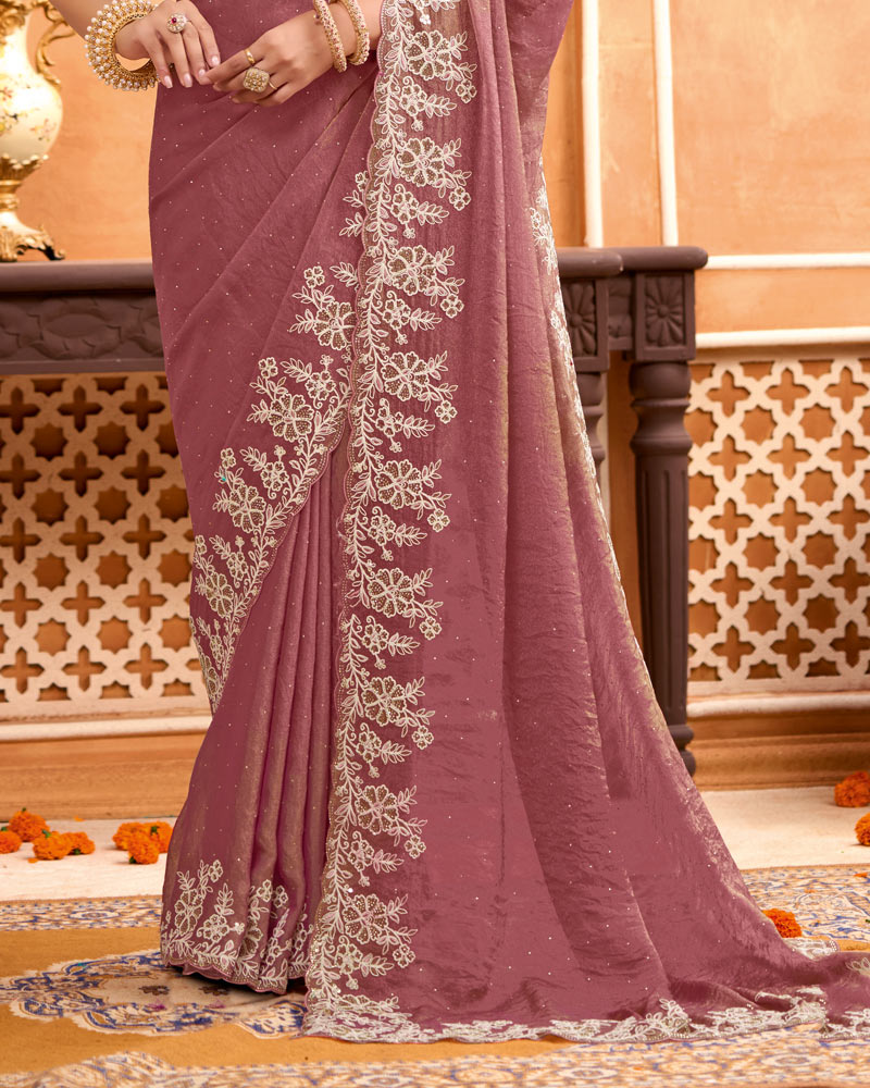 Rose Taupe Designer Moss Chiffon Saree With Sequence-Embroidery-Diamond Work And Cut Work Border