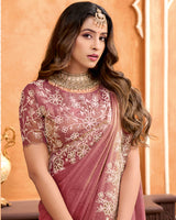 Rose Taupe Designer Moss Chiffon Saree With Sequence-Embroidery-Diamond Work And Cut Work Border