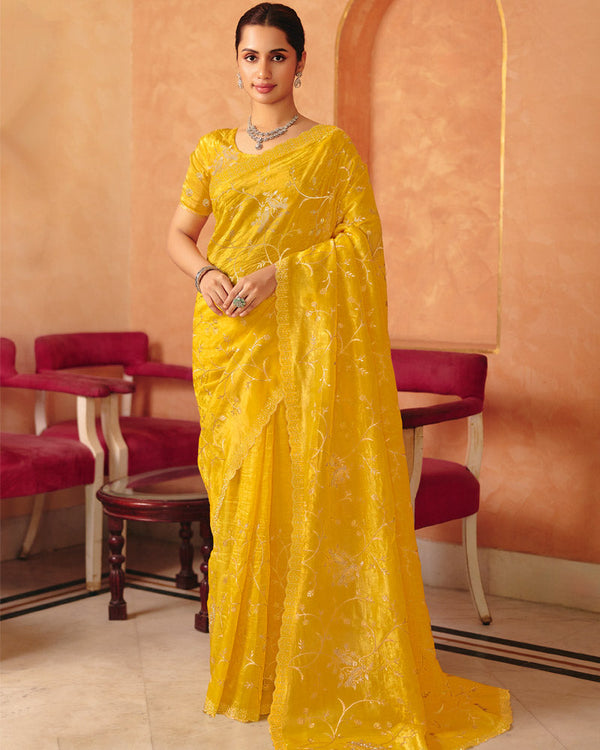 Vishal Prints Golden Yellow Designer Crushed Tissue Saree With Diamond Work And Cut Work Embroidery Border