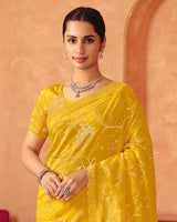 Vishal Prints Golden Yellow Designer Crushed Tissue Saree With Diamond Work And Cut Work Embroidery Border