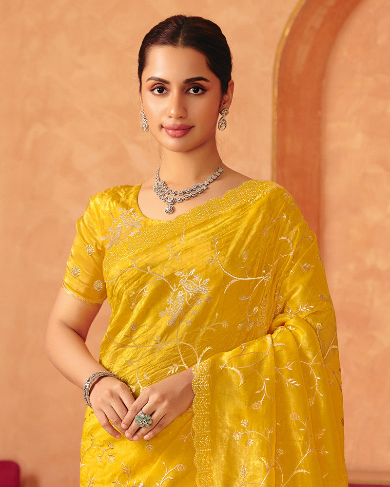 Vishal Prints Golden Yellow Designer Crushed Tissue Saree With Diamond Work And Cut Work Embroidery Border