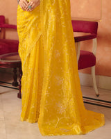 Vishal Prints Golden Yellow Designer Crushed Tissue Saree With Diamond Work And Cut Work Embroidery Border