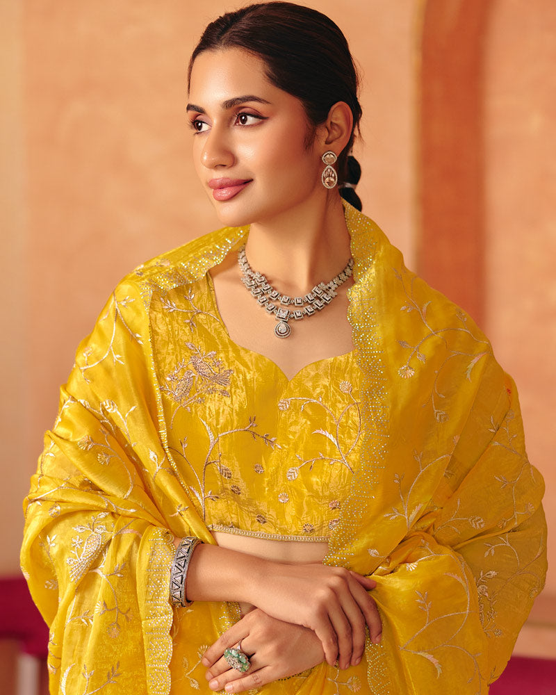 Vishal Prints Golden Yellow Designer Crushed Tissue Saree With Diamond Work And Cut Work Embroidery Border
