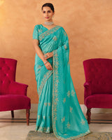 Vishal Prints Sky Blue Designer Crushed Tissue Saree With Diamond Work And Cut Work Embroidery Border