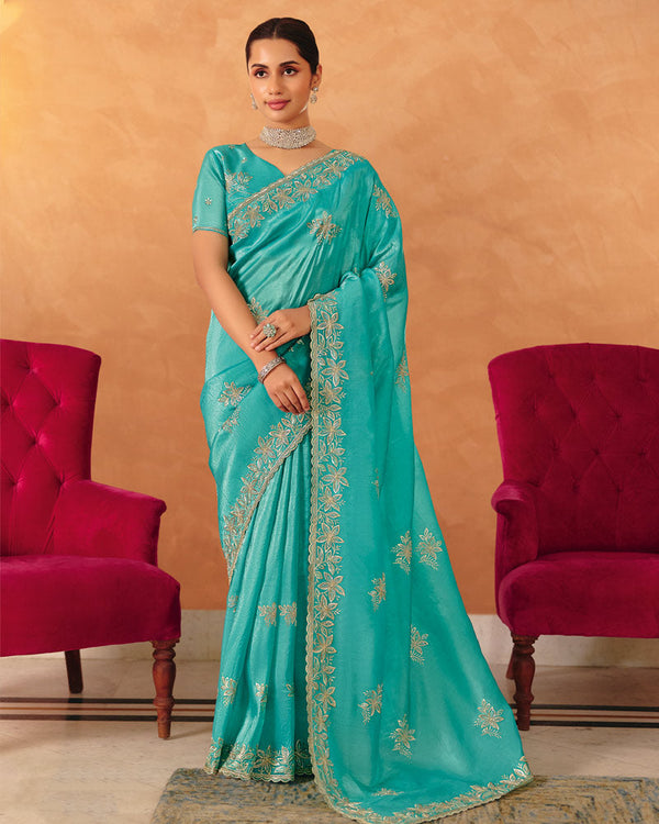Vishal Prints Sky Blue Designer Crushed Tissue Saree With Diamond Work And Cut Work Embroidery Border