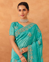 Vishal Prints Sky Blue Designer Crushed Tissue Saree With Diamond Work And Cut Work Embroidery Border