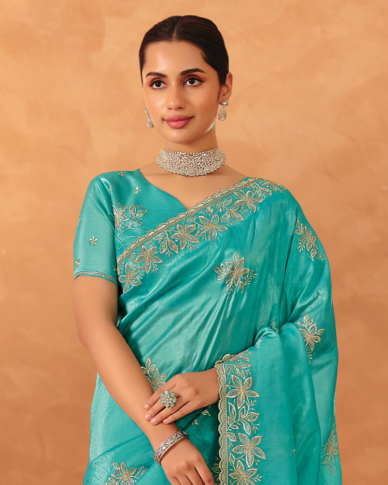 Vishal Prints Sky Blue Designer Crushed Tissue Saree With Diamond Work And Cut Work Embroidery Border