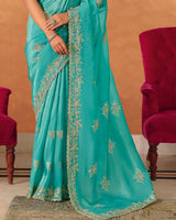 Vishal Prints Sky Blue Designer Crushed Tissue Saree With Diamond Work And Cut Work Embroidery Border