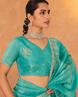 Vishal Prints Sky Blue Designer Crushed Tissue Saree With Diamond Work And Cut Work Embroidery Border