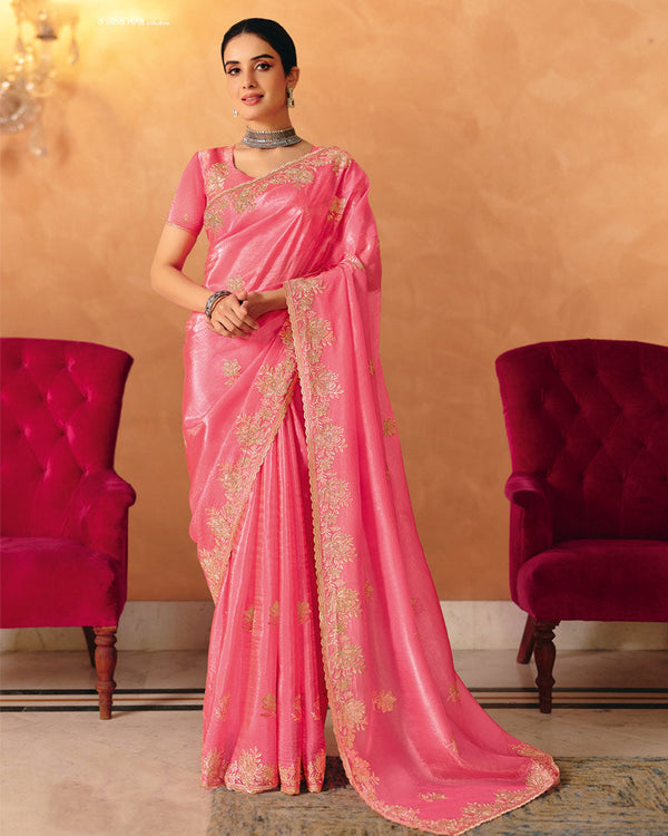 Vishal Prints Hot Pink Designer Crushed Tissue Saree With Diamond Work And Cut Work Embroidery Border