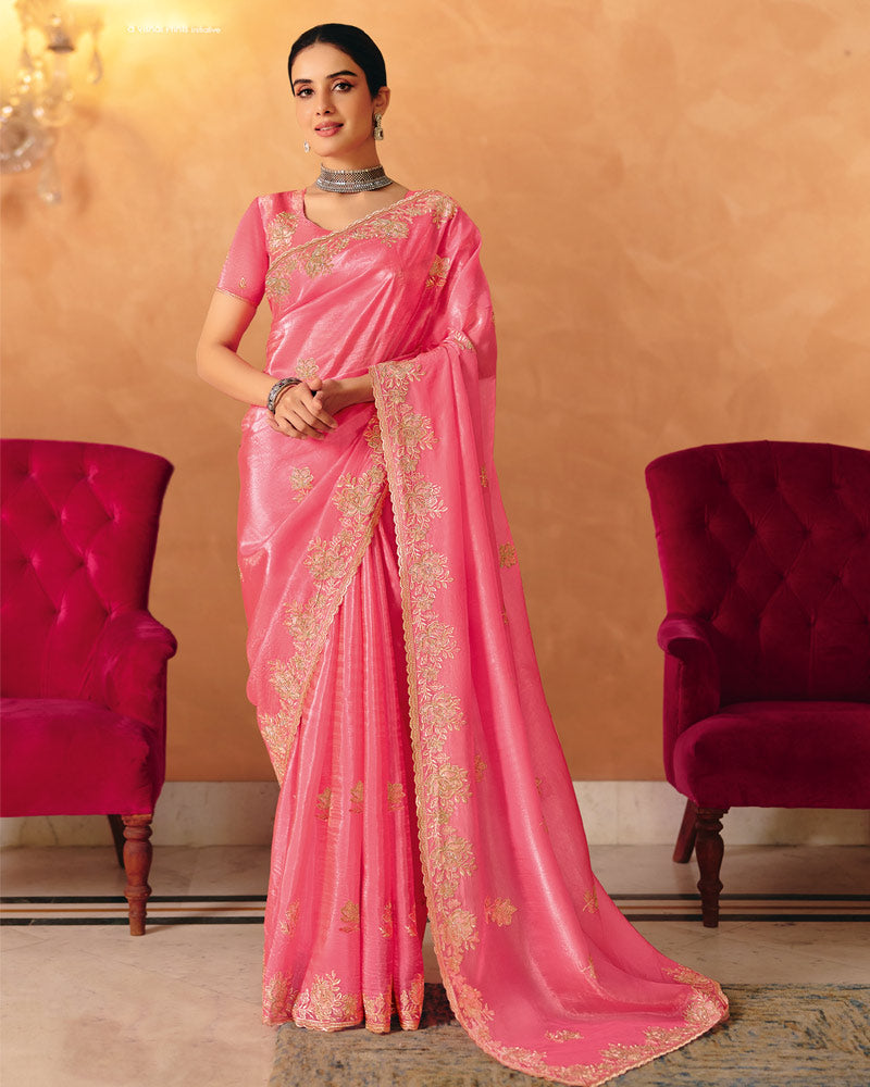 Vishal Prints Hot Pink Designer Crushed Tissue Saree With Diamond Work And Cut Work Embroidery Border