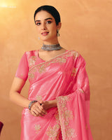 Vishal Prints Hot Pink Designer Crushed Tissue Saree With Diamond Work And Cut Work Embroidery Border