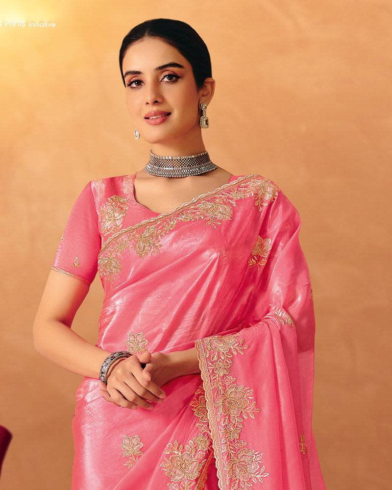 Vishal Prints Hot Pink Designer Crushed Tissue Saree With Diamond Work And Cut Work Embroidery Border